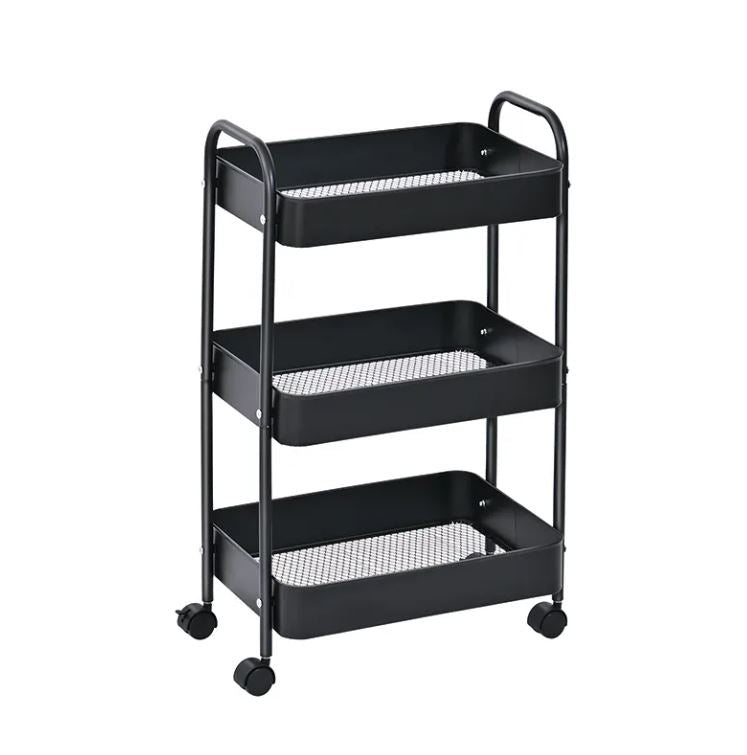 3-Tier Slim Metal Storage Trolley on Wheels - Black